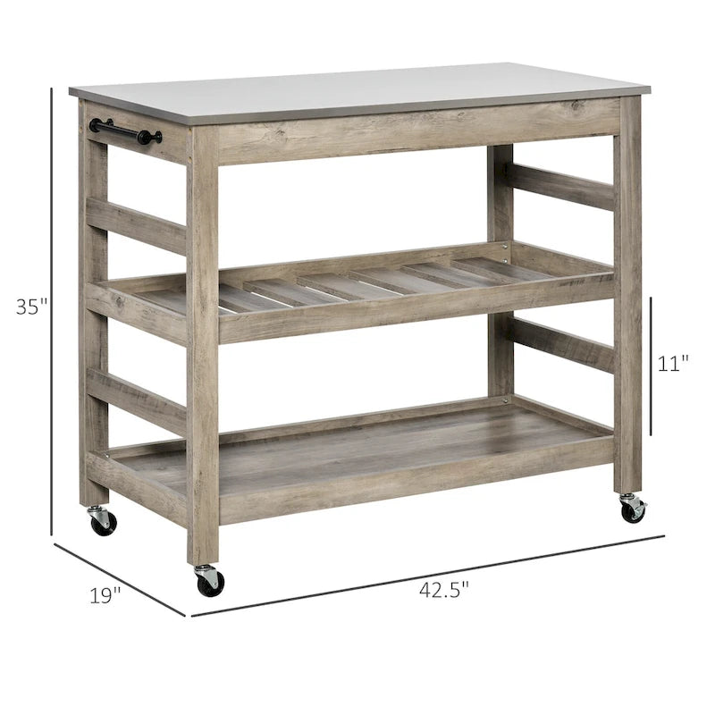 Desserte de cuisine roulante avec plateau en acier inoxydable et casier à vin - 108L x 48P x 89H cm