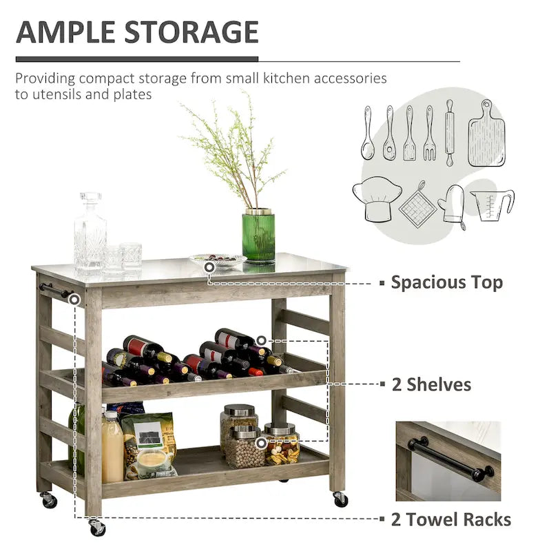 Desserte de cuisine roulante avec plateau en acier inoxydable et casier à vin - 108L x 48P x 89H cm
