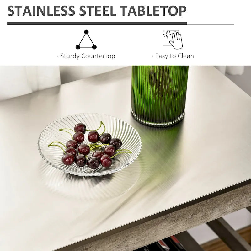 Desserte de cuisine roulante avec plateau en acier inoxydable et casier à vin - 108L x 48P x 89H cm