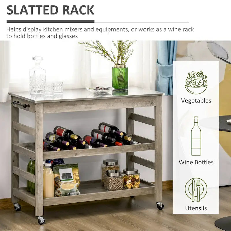 Desserte de cuisine roulante avec plateau en acier inoxydable et casier à vin - 108L x 48P x 89H cm