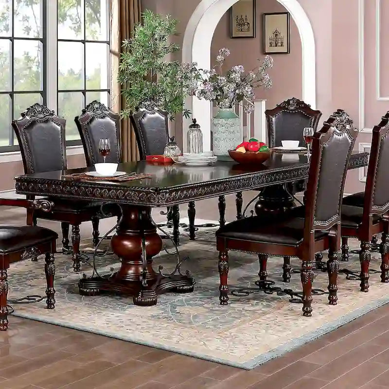 Table à manger traditionnelle en merisier de 120 pouces avec base à double piédestal