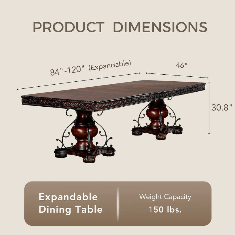 Table à manger traditionnelle en merisier de 120 pouces avec base à double piédestal