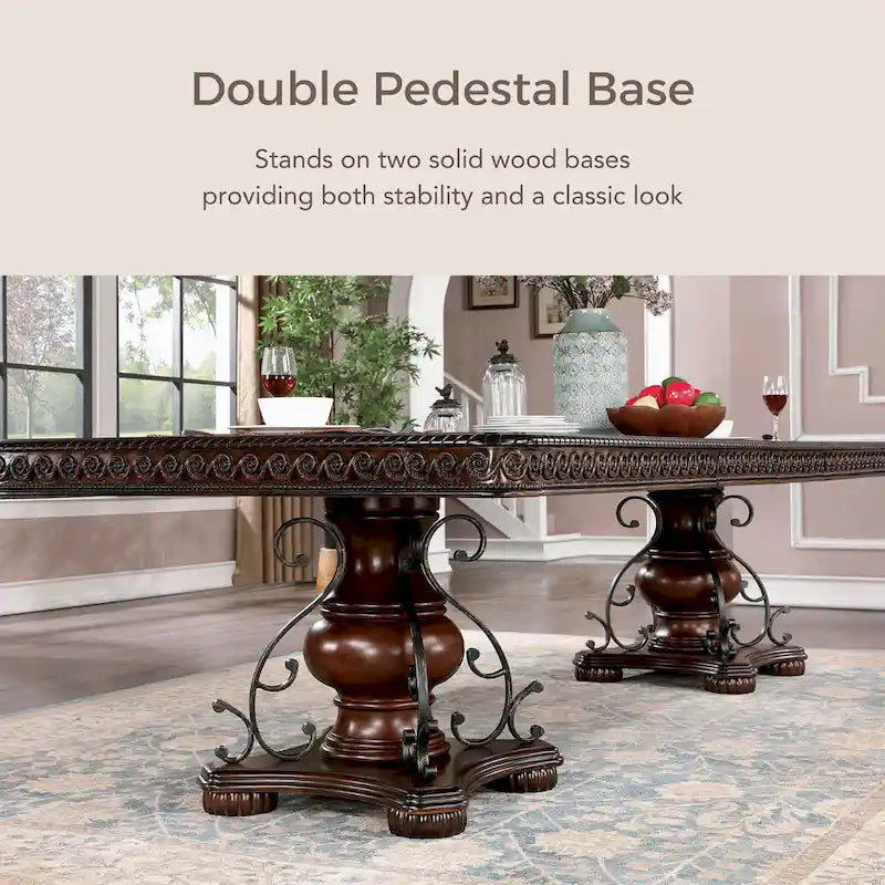 Table à manger traditionnelle en merisier de 120 pouces avec base à double piédestal