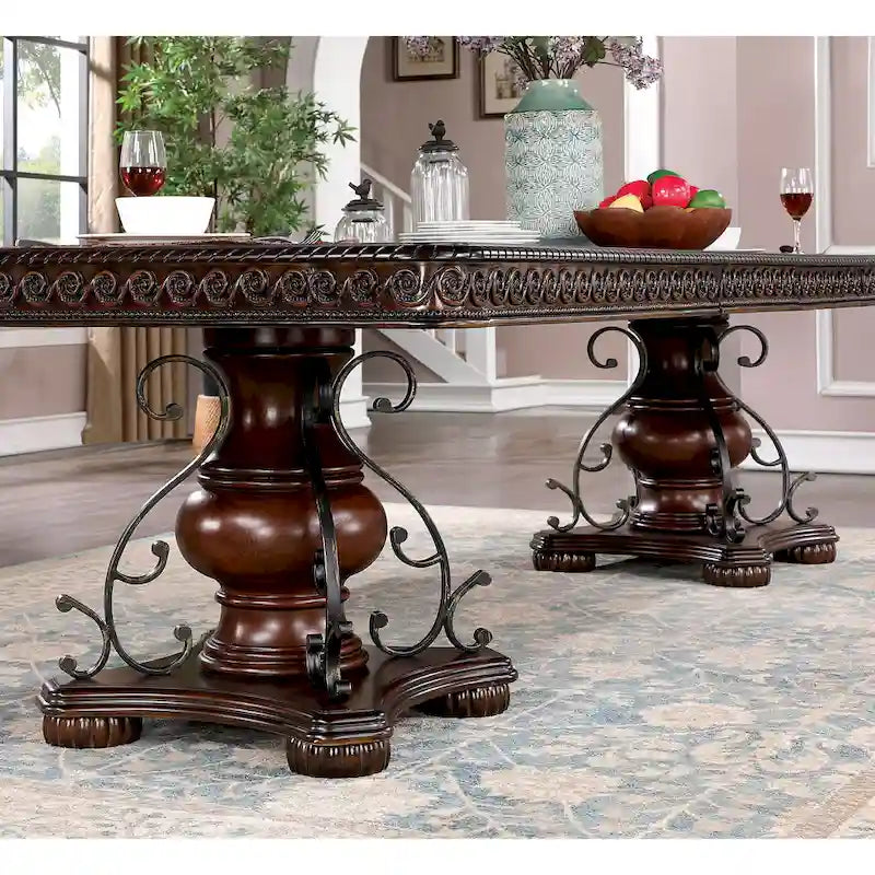 Table à manger traditionnelle en merisier de 120 pouces avec base à double piédestal