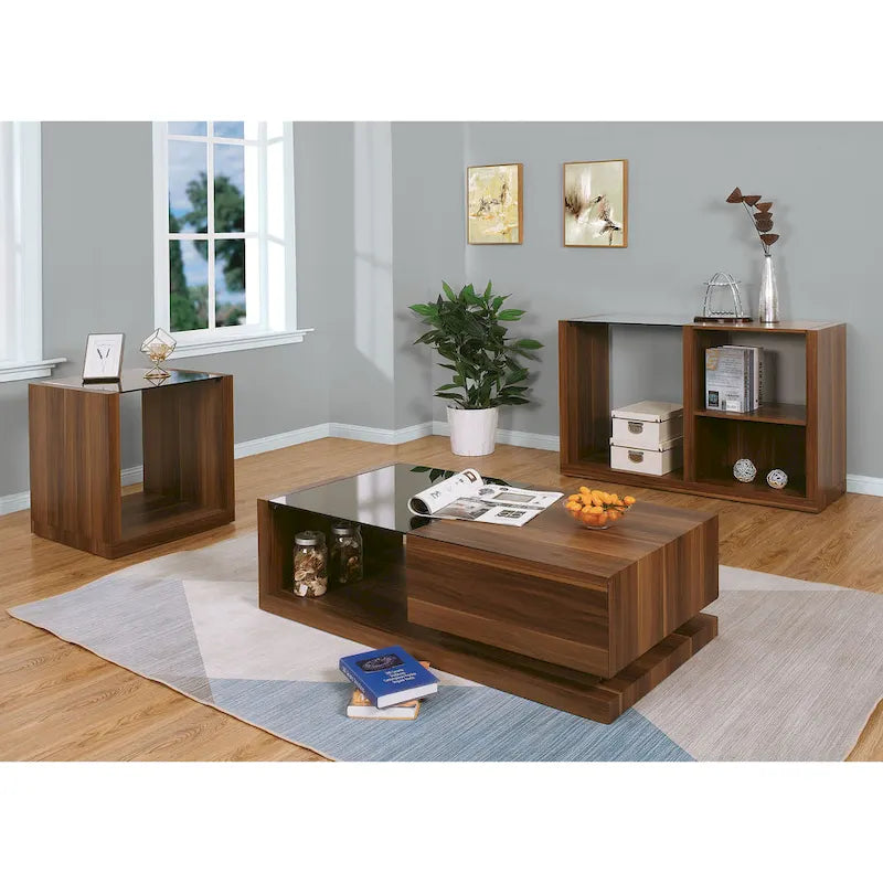 Table d'appoint contemporaine en noyer avec plateau en verre de 55 cm et 1 étagère