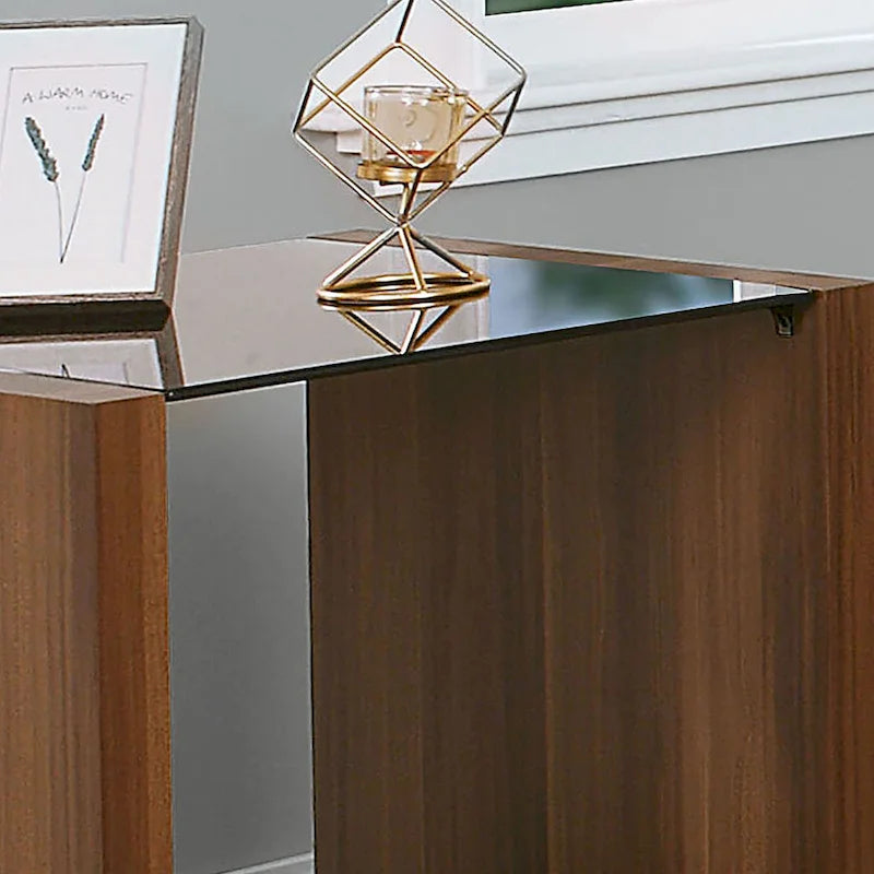 Table d'appoint contemporaine en noyer avec plateau en verre de 55 cm et 1 étagère