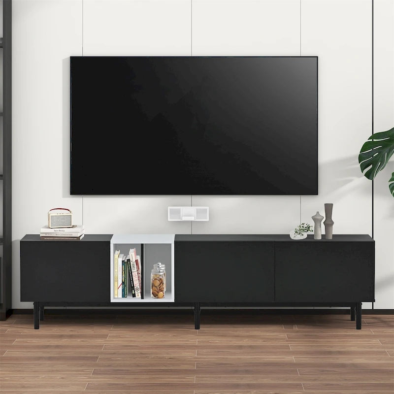 Meuble TV moderne pour téléviseur 80 pouces avec 3 portes et grand placard de rangement