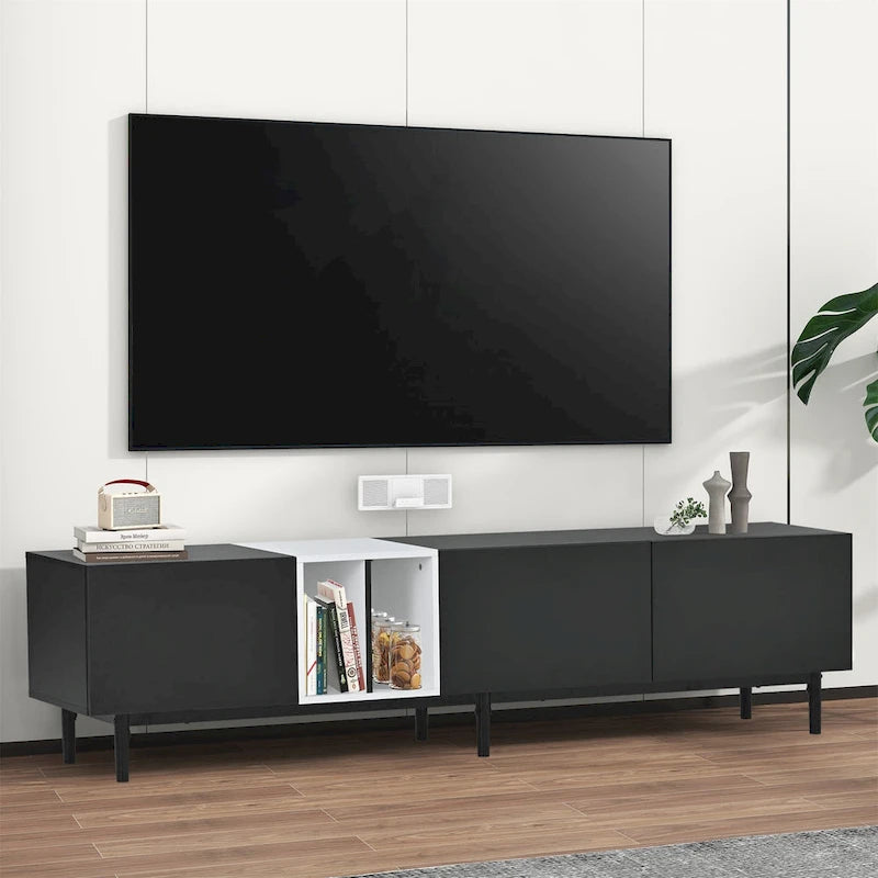Meuble TV moderne pour téléviseur 80 pouces avec 3 portes et grand placard de rangement