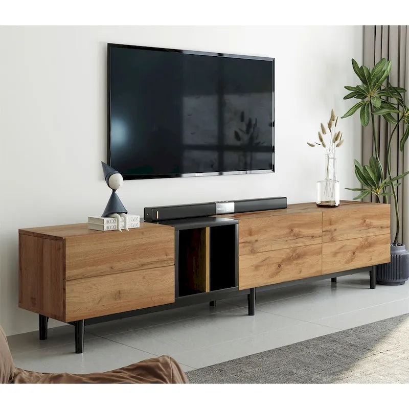 Meuble TV moderne pour téléviseur 80 pouces avec 3 portes et grand placard de rangement