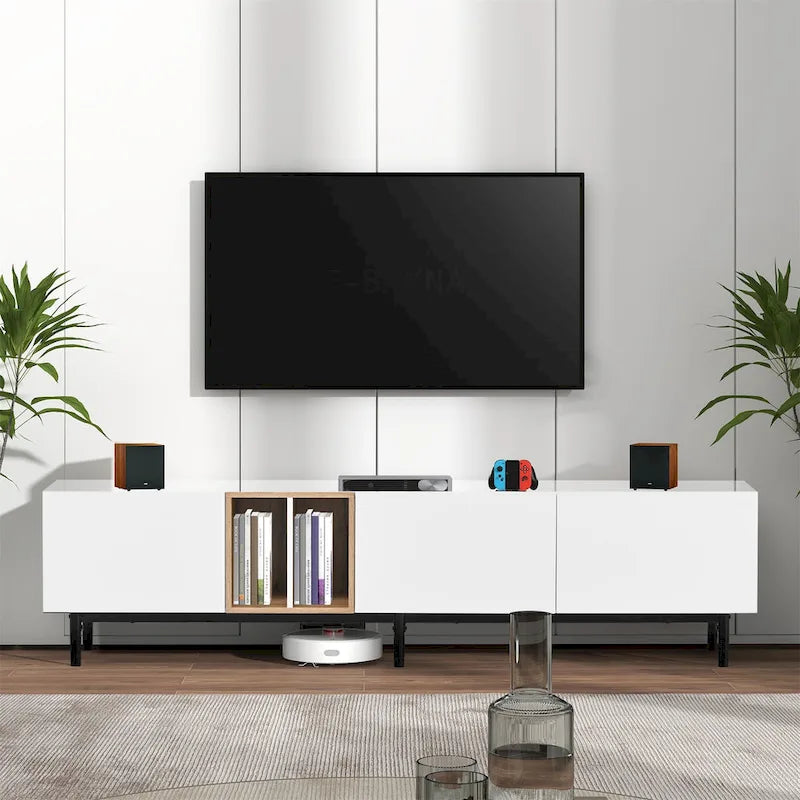 Meuble TV moderne pour téléviseur 80 pouces avec 3 portes et grand placard de rangement