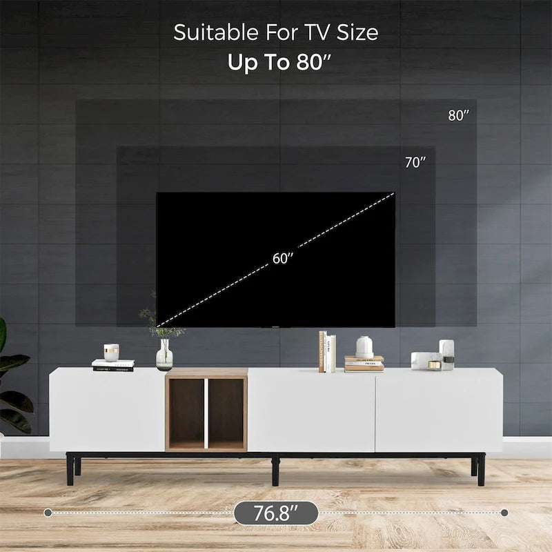 Meuble TV moderne pour téléviseur 80 pouces avec 3 portes et grand placard de rangement