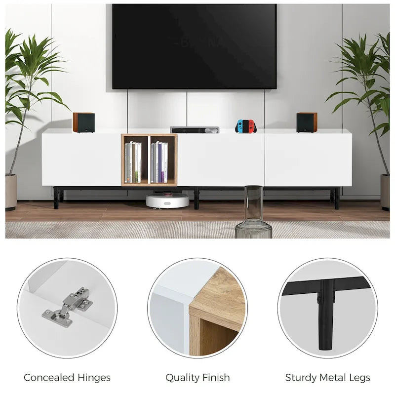 Meuble TV moderne pour téléviseur 80 pouces avec 3 portes et grand placard de rangement