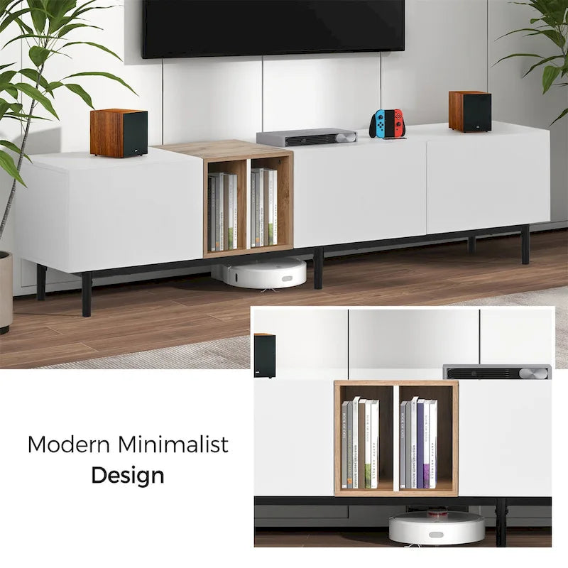 Meuble TV moderne pour téléviseur 80 pouces avec 3 portes et grand placard de rangement