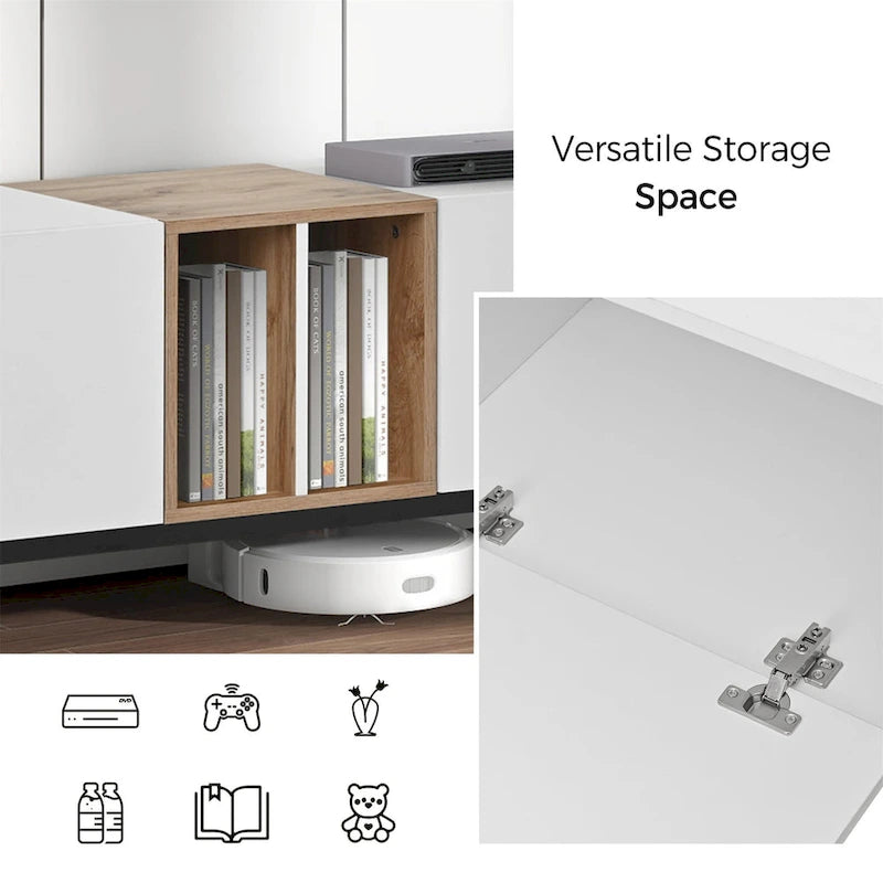 Meuble TV moderne pour téléviseur 80 pouces avec 3 portes et grand placard de rangement