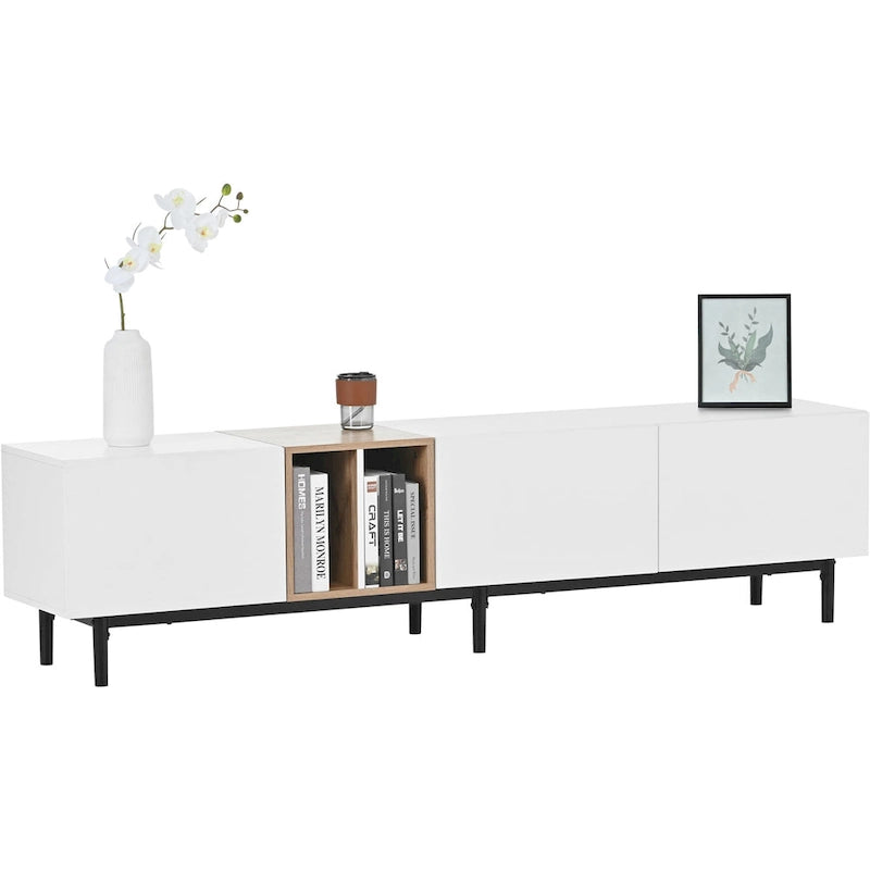 Meuble TV moderne pour téléviseur 80 pouces avec 3 portes et grand placard de rangement