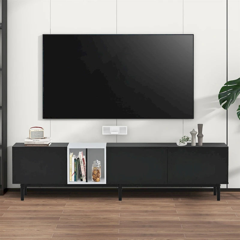 Meuble TV moderne pour téléviseur 80 pouces avec 3 portes et grand placard de rangement