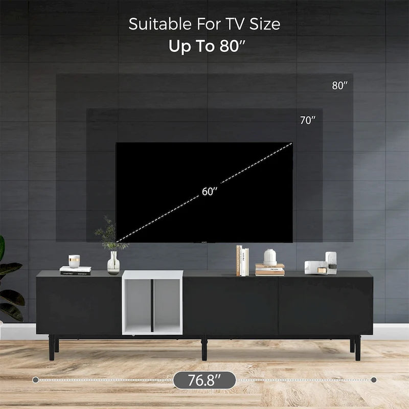 Meuble TV moderne pour téléviseur 80 pouces avec 3 portes et grand placard de rangement