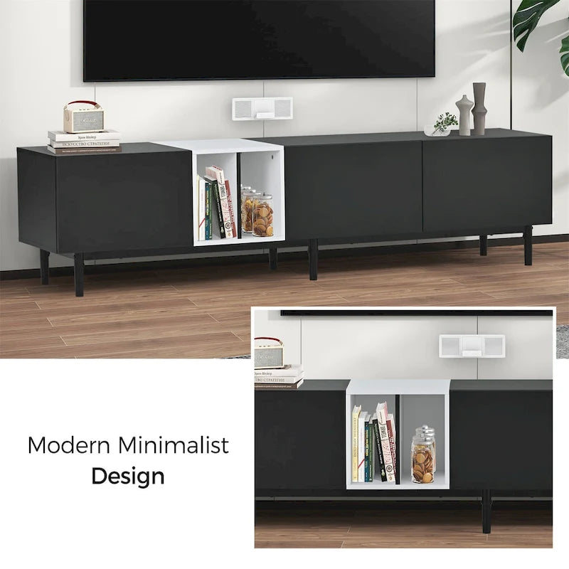 Meuble TV moderne pour téléviseur 80 pouces avec 3 portes et grand placard de rangement