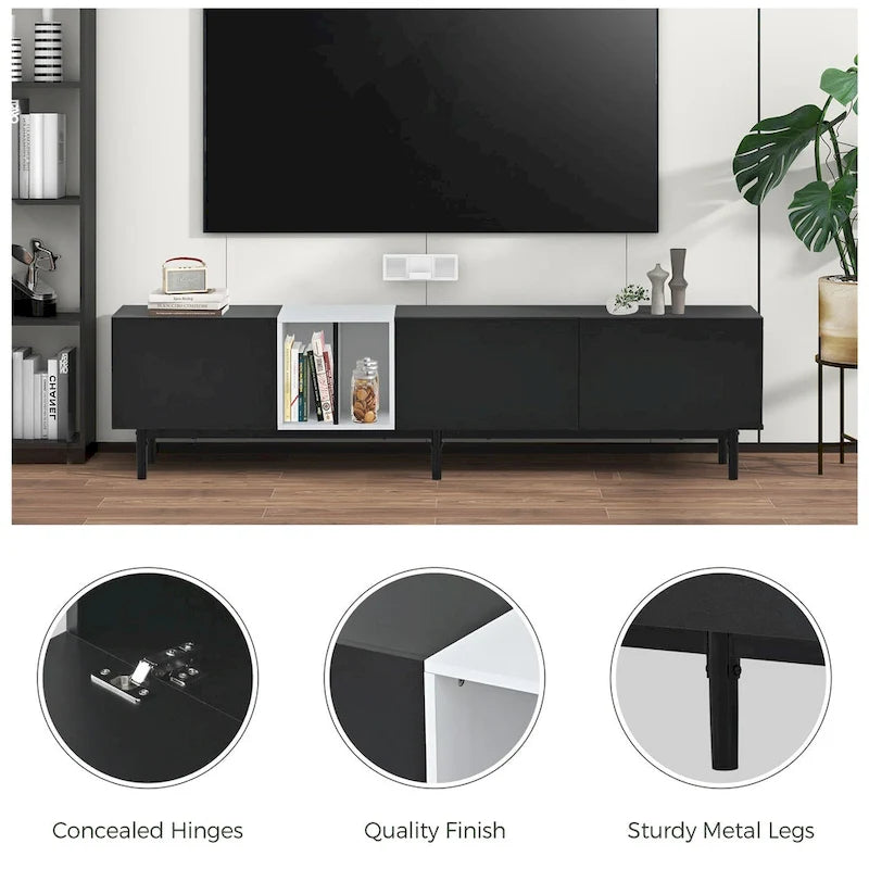 Meuble TV moderne pour téléviseur 80 pouces avec 3 portes et grand placard de rangement