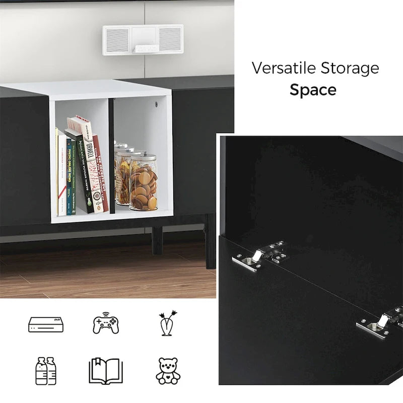 Meuble TV moderne pour téléviseur 80 pouces avec 3 portes et grand placard de rangement