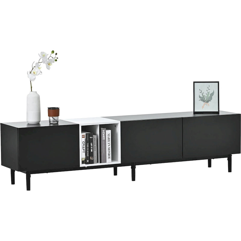 Meuble TV moderne pour téléviseur 80 pouces avec 3 portes et grand placard de rangement