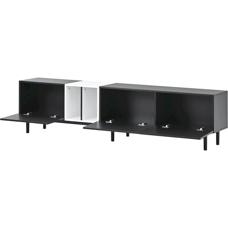Meuble TV moderne pour téléviseur 80 pouces avec 3 portes et grand placard de rangement