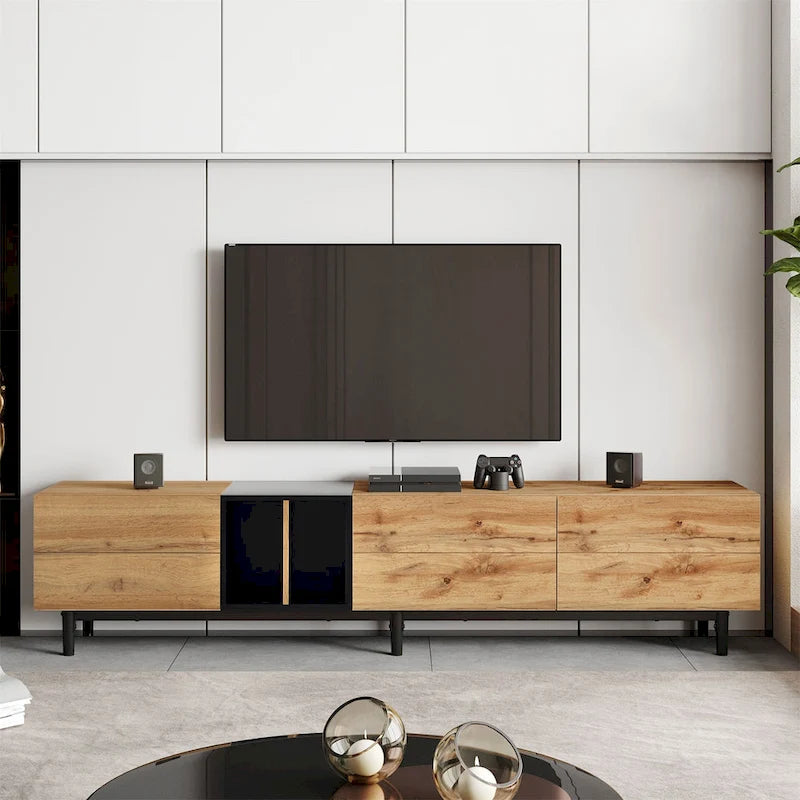 Meuble TV moderne pour téléviseur 80 pouces avec 3 portes et grand placard de rangement