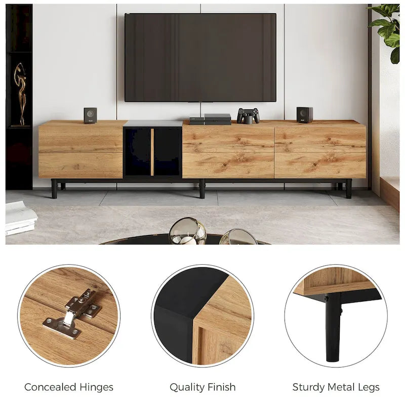 Meuble TV moderne pour téléviseur 80 pouces avec 3 portes et grand placard de rangement