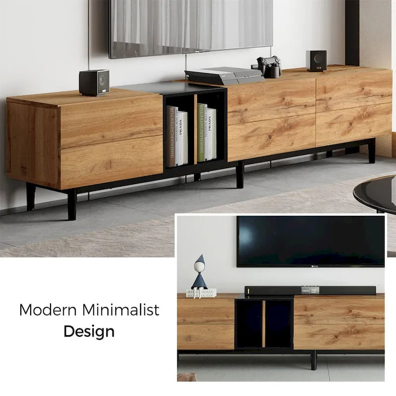 Meuble TV moderne pour téléviseur 80 pouces avec 3 portes et grand placard de rangement
