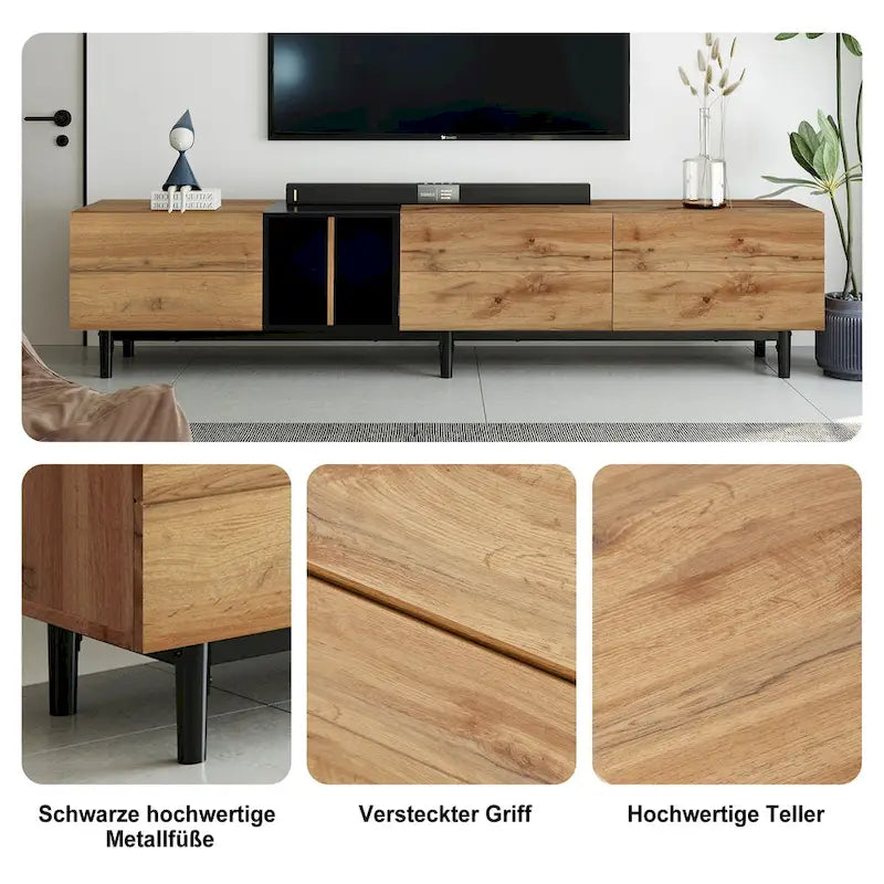 Meuble TV moderne pour téléviseur 80 pouces avec 3 portes et grand placard de rangement