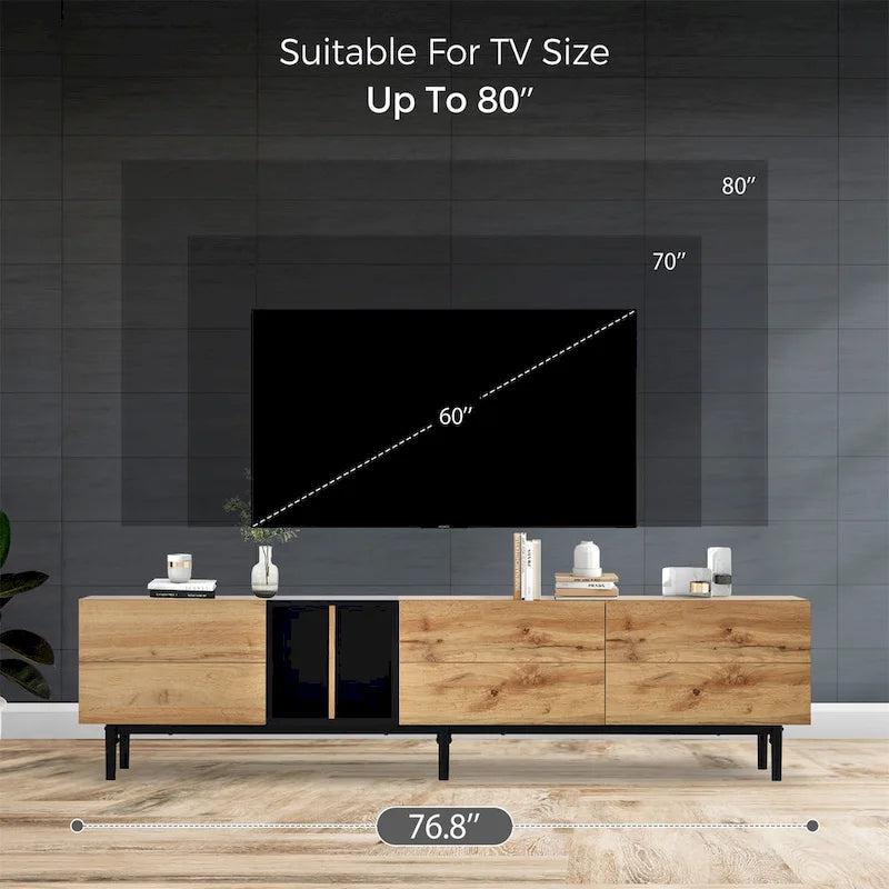 Meuble TV moderne pour téléviseur 80 pouces avec 3 portes et grand placard de rangement