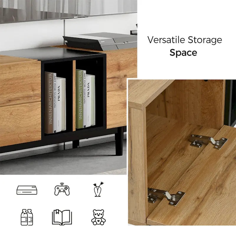 Meuble TV moderne pour téléviseur 80 pouces avec 3 portes et grand placard de rangement