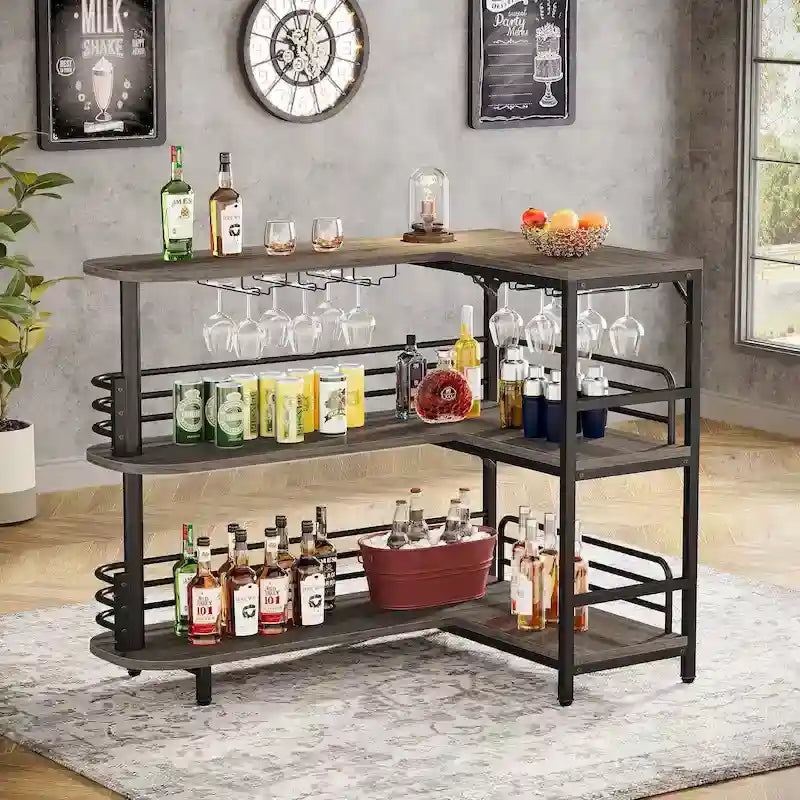 Bar de cuisine en forme de L, Table de bar à liqueur à 3 niveaux avec porte-verres à vin, Meuble de bar à vin d'angle pour cuisine, pub à domicile