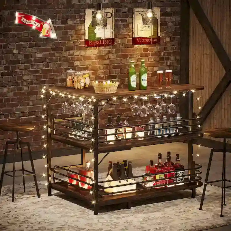 Bar de cuisine en forme de L, Table de bar à liqueur à 3 niveaux avec porte-verres à vin, Meuble de bar à vin d'angle pour cuisine, pub à domicile