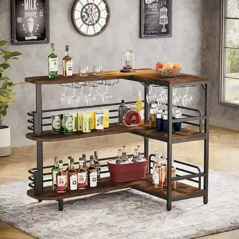 Bar de cuisine en forme de L, Table de bar à liqueur à 3 niveaux avec porte-verres à vin, Meuble de bar à vin d'angle pour cuisine, pub à domicile