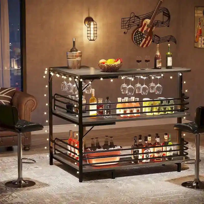 Bar de cuisine en forme de L, Table de bar à liqueur à 3 niveaux avec porte-verres à vin, Meuble de bar à vin d'angle pour cuisine, pub à domicile