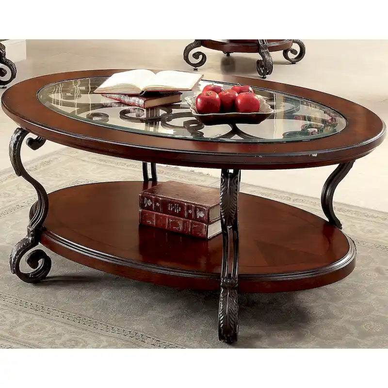 Table basse traditionnelle avec plateau en verre de 48 pouces, en merisier et ferronnerie défilante