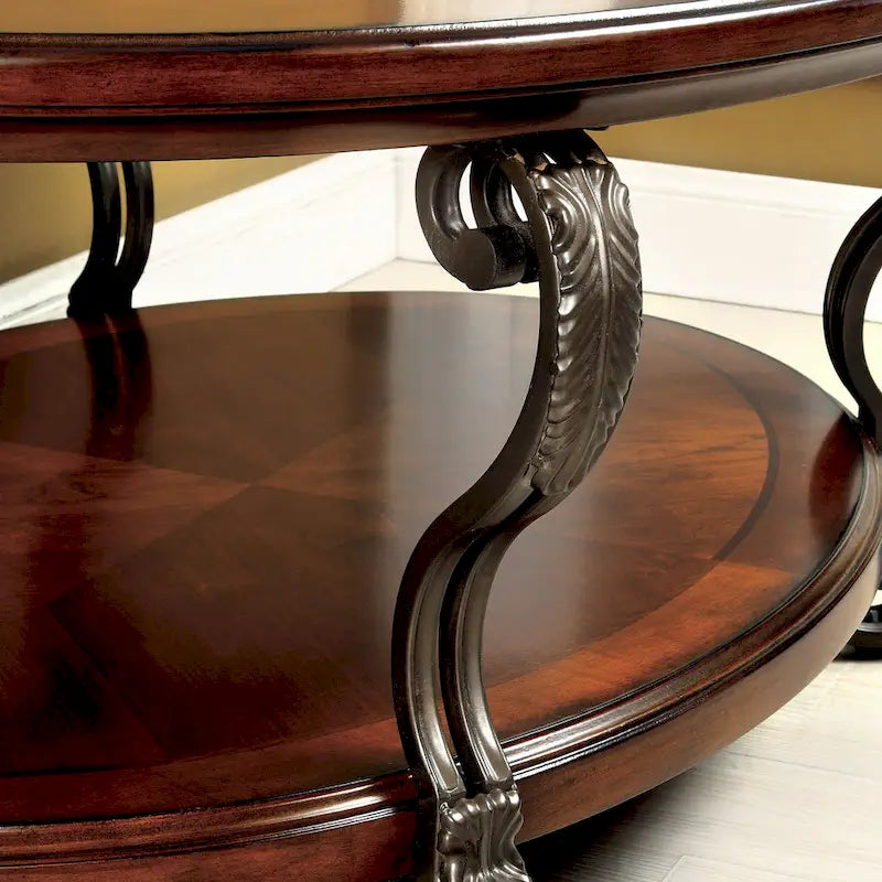 Table basse traditionnelle avec plateau en verre de 48 pouces, en merisier et ferronnerie défilante