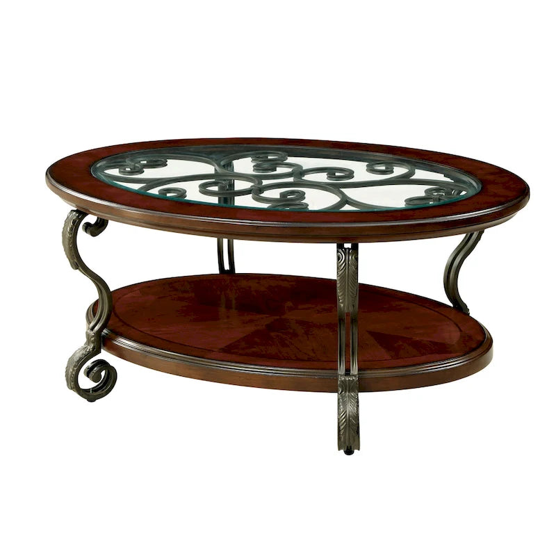 Table basse traditionnelle avec plateau en verre de 48 pouces, en merisier et ferronnerie défilante