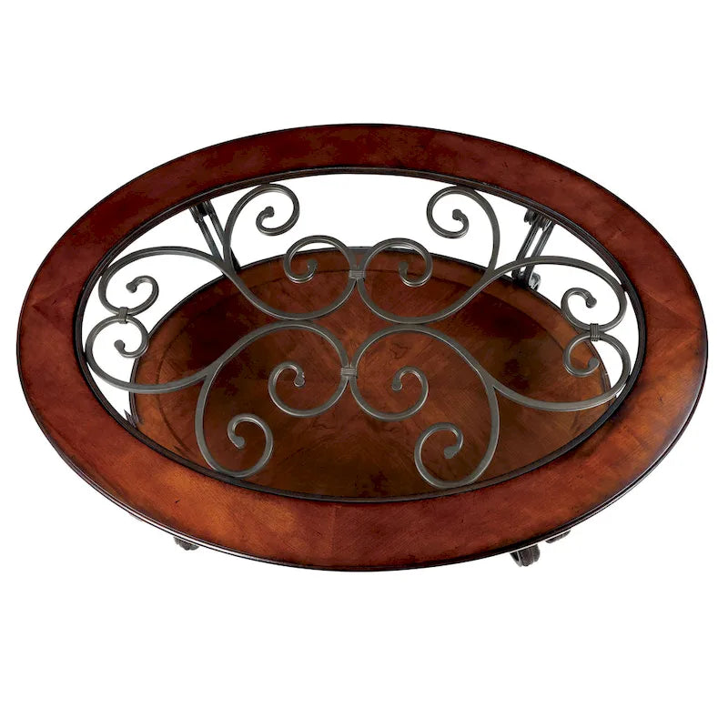 Table basse traditionnelle avec plateau en verre de 48 pouces, en merisier et ferronnerie défilante