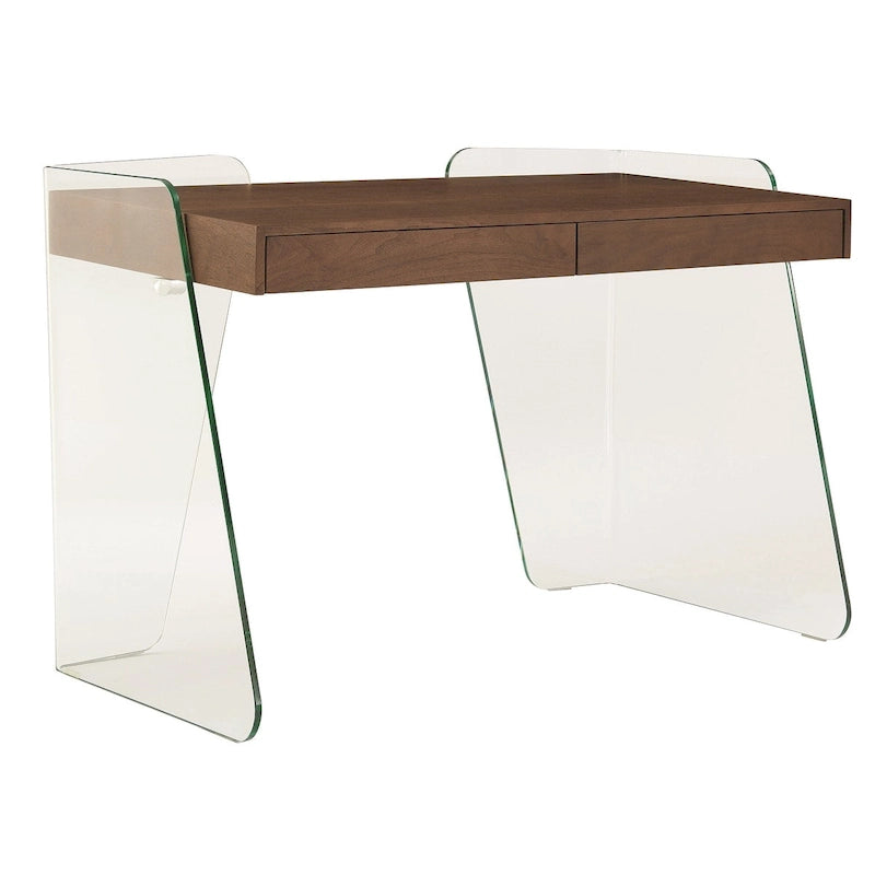 Bureau moderne avec plateau en verre transparent et 2 tiroirs à fermeture douce