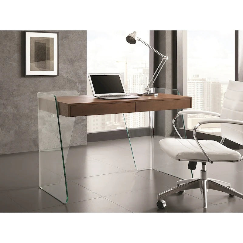 Bureau moderne avec plateau en verre transparent et 2 tiroirs à fermeture douce