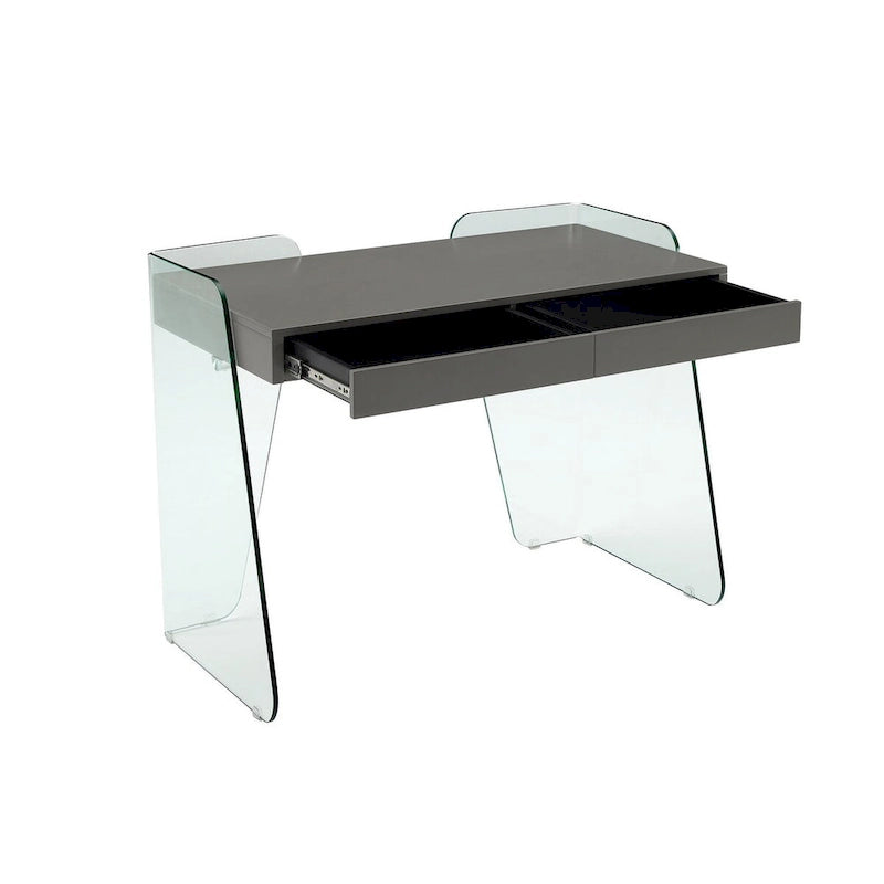 Bureau moderne avec plateau en verre transparent et 2 tiroirs à fermeture douce