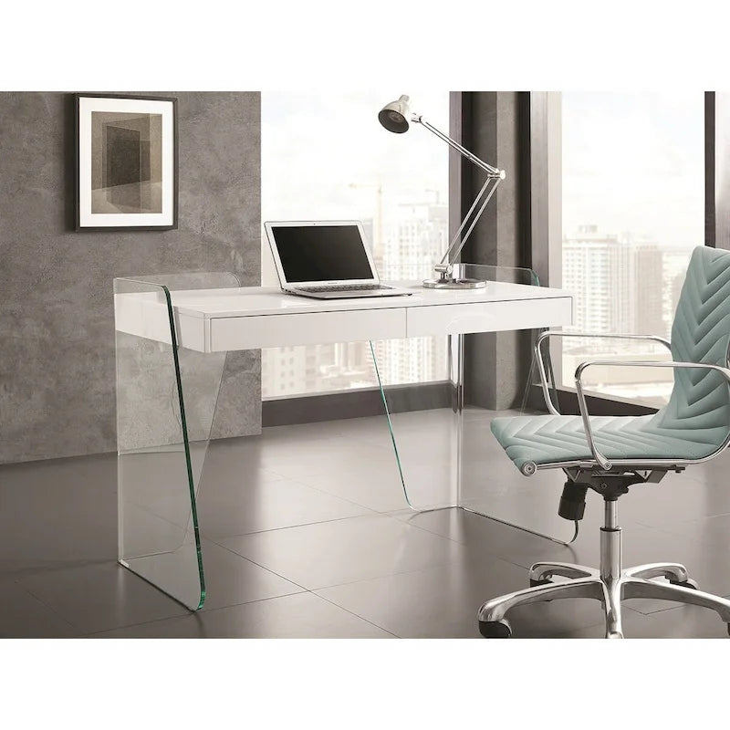 Bureau moderne avec plateau en verre transparent et 2 tiroirs à fermeture douce