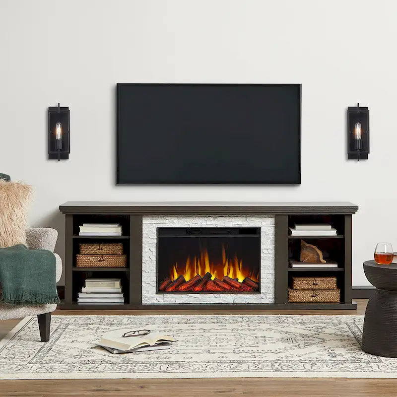 Meuble TV électrique de 72 po avec foyer encastré - Chêne foncé