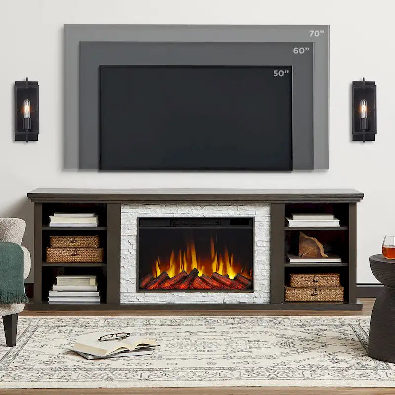 Meuble TV électrique de 72 po avec foyer encastré - Chêne foncé