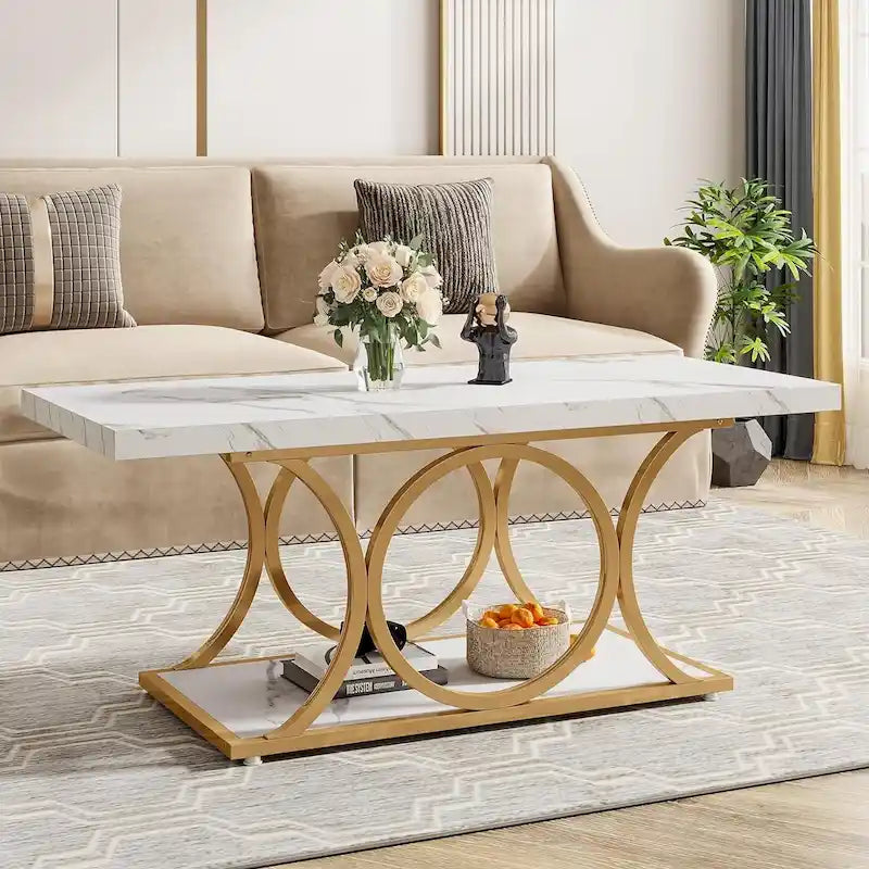 Table basse rectangulaire de 47,24 pouces, 2 niveaux, en faux marbre moderne