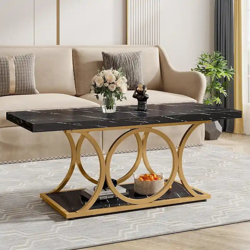 Table basse rectangulaire de 47,24 pouces, 2 niveaux, en faux marbre moderne