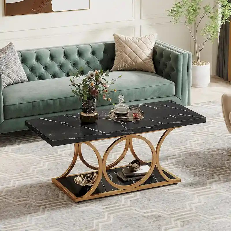 Table basse rectangulaire de 47,24 pouces, 2 niveaux, en faux marbre moderne