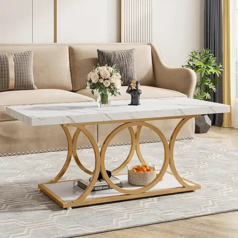Table basse rectangulaire de 47,24 pouces, 2 niveaux, en faux marbre moderne